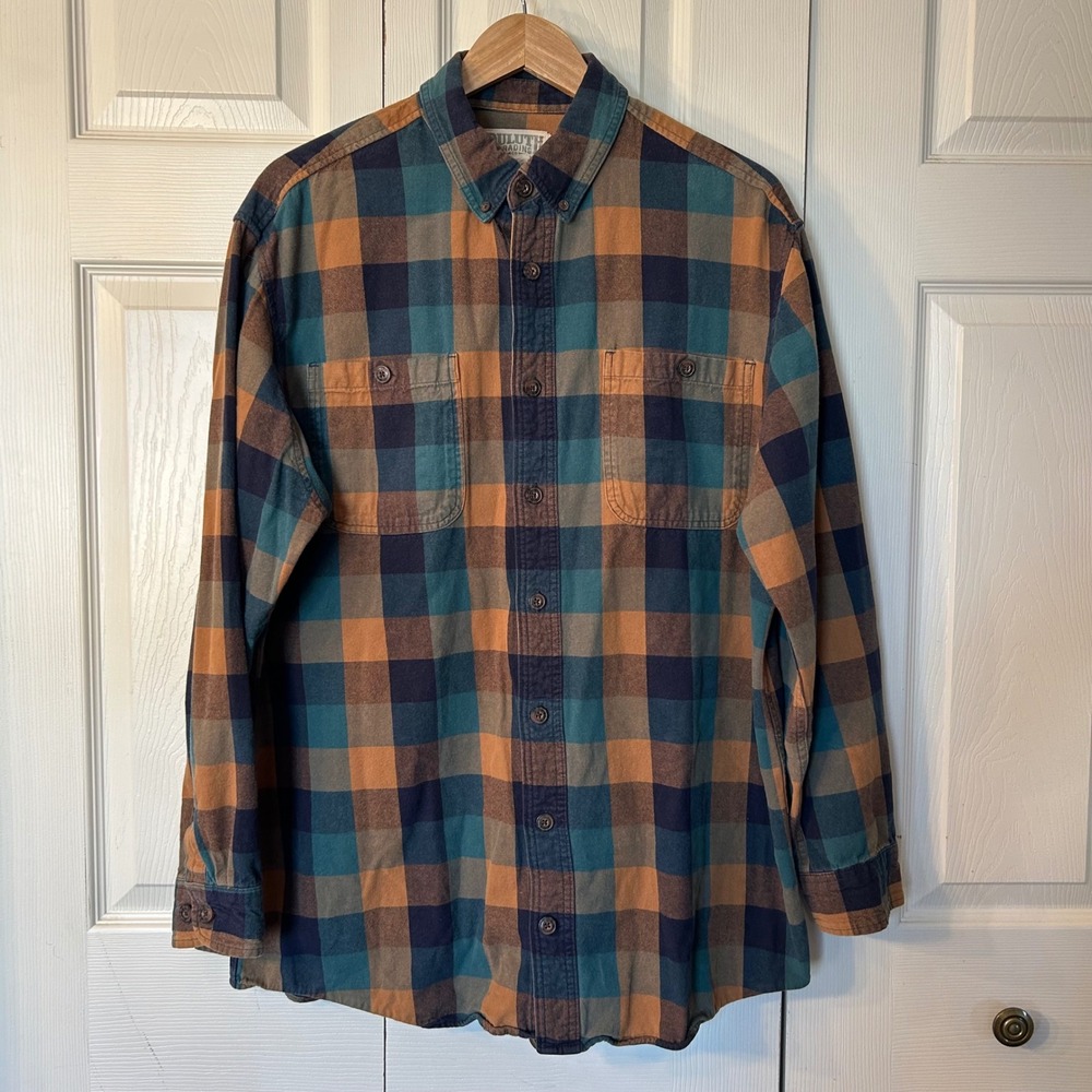 Duluth Trading Co Mens L Tall Plaid Flannel Long Sleeve Button‎ Up Orange Teal
